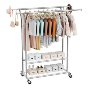 VEVOR riidestatiiv ratastel, 2 riputusvarrast, 2 riiulit, 120 kg, reguleeritav, teras, YD0062