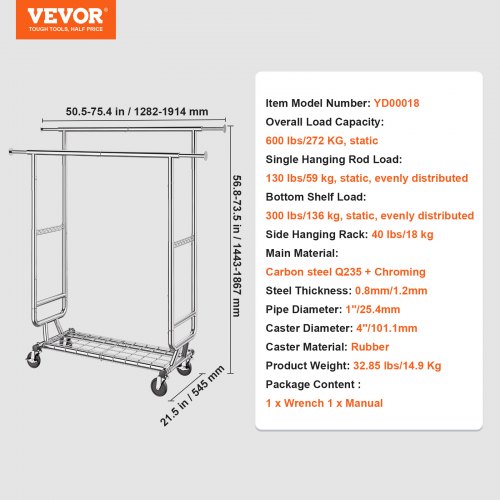 VEVOR riidenagi, kahe riputustoruga, reguleeritav, pikendatav, 272 kg - Image 7