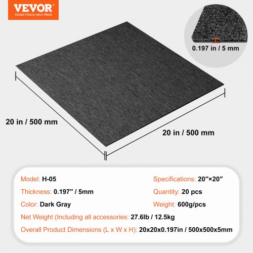 VEVOR paklāja flīzes H-05, tumši pelēka, 20 gab., 500 x 500 x 5 mm - Image 7