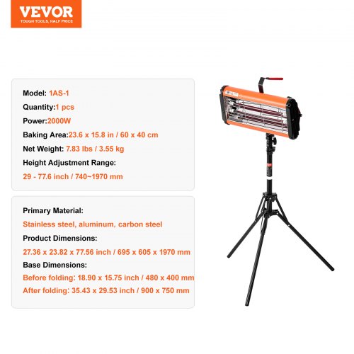 VEVOR infrapunavärvi kõvenemislamp, 2000 W, 740–1970 mm - Image 7