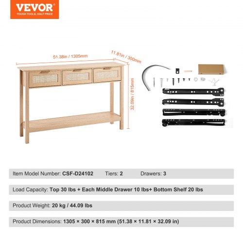 VEVOR rotanga konsoles galds ar 3 atvilktnēm, dabīgs - Image 7
