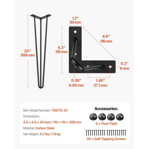 VEVOR hiusneulamalliset pöydänjalat, 50,8 cm, mustat, 4 kpl - Image 2