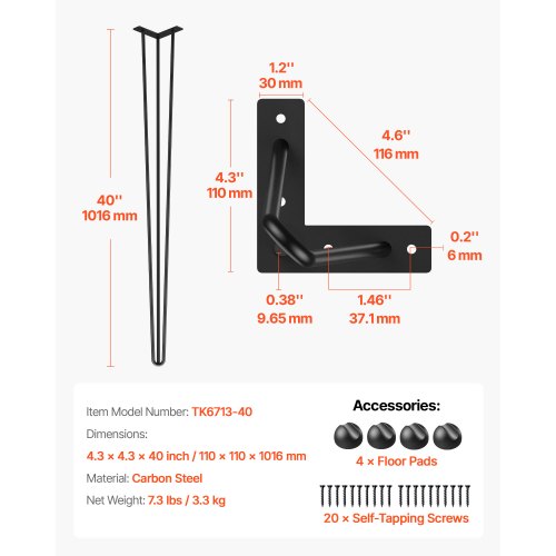 VEVOR juuksenõela stiilis lauajalad, mustad, 101,6 cm, 4 tk - Image 2