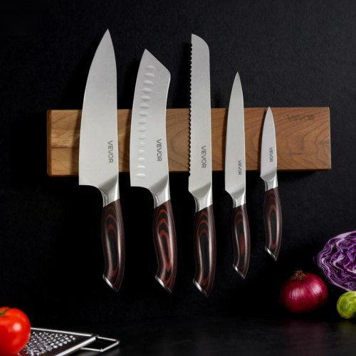VEVOR 6 dalių peilių rinkinys, Damasko plienas, ruda rankena, riešutmedžio spalvos magnetinis laikiklis - Image 8