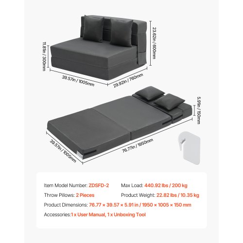 VEVOR sulankstoma sofa-lova, tamsiai pilka, 195 x 100,5 x 15 cm - Image 7