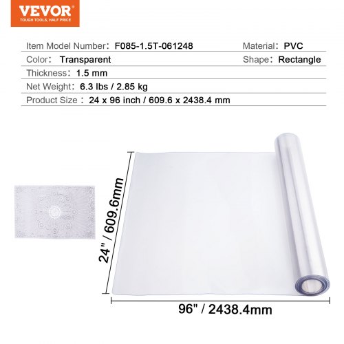 VEVOR PVC-pöydänsuoja, 609.6 x 2438.4 mm, 1.5 mm, läpinäkyvä - Image 7