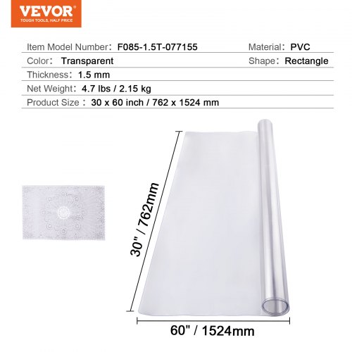 VEVOR PVC-pöydänsuojus, 762 x 1524 mm, 1,5 mm, läpinäkyvä - Image 7