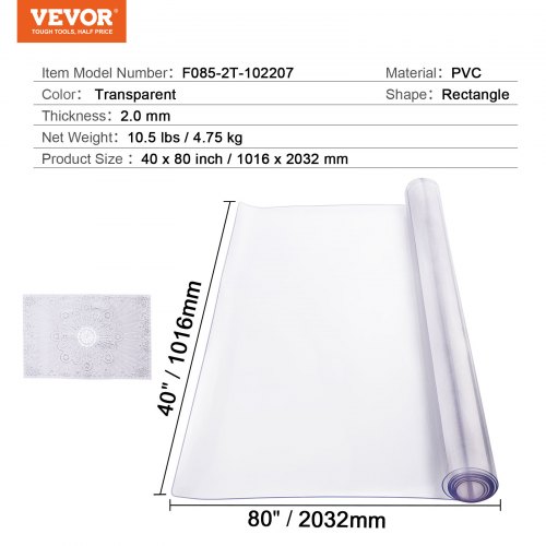 VEVOR PVC-pöytäsuoja, 101,6 x 203,2 cm, 2,0 mm, läpinäkyvä - Image 7