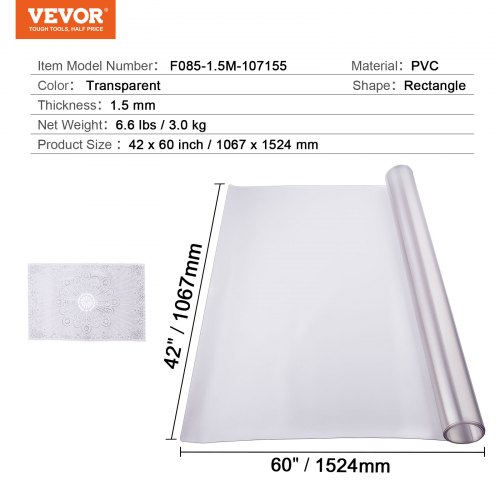 VEVOR PVC-pöydänsuoja, 1067 x 1524 mm, 1,5 mm, läpinäkyvä - Image 7