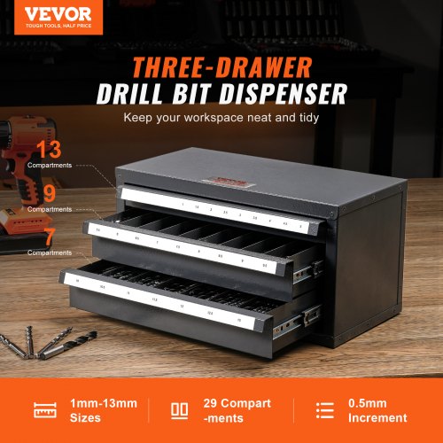 VEVOR grąžtų laikymo spintelė ET3-F, 3 stalčių, 1–13 mm, pilka su oranžine tekstūra - Image 2