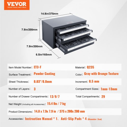 VEVOR grąžtų laikymo spintelė ET3-F, 3 stalčių, 1–13 mm, pilka su oranžine tekstūra - Image 7