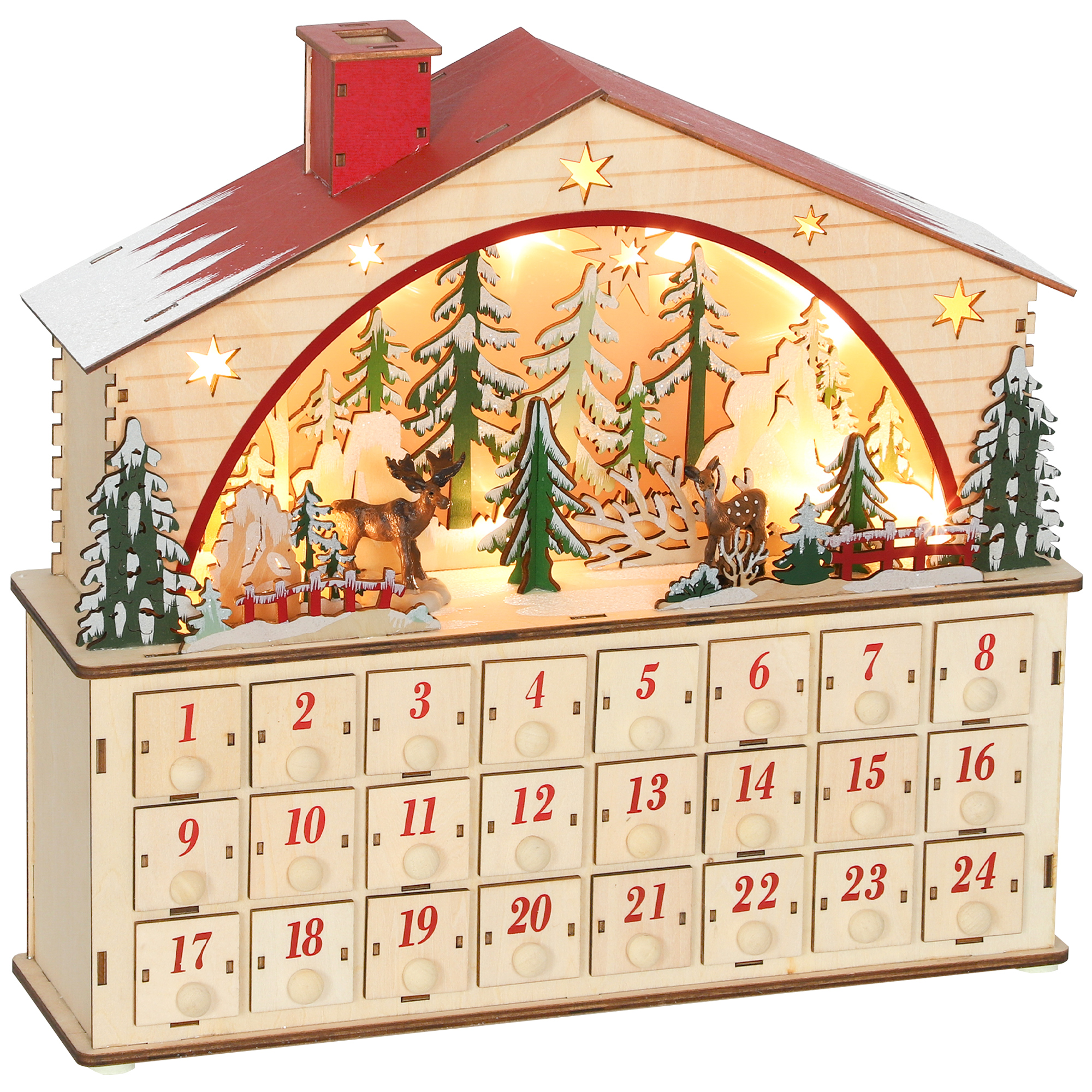 Valgustatud puidust advendikalender 24 sahtliga, naturaalse puidu toonis, 36 x 10 x 34 cm