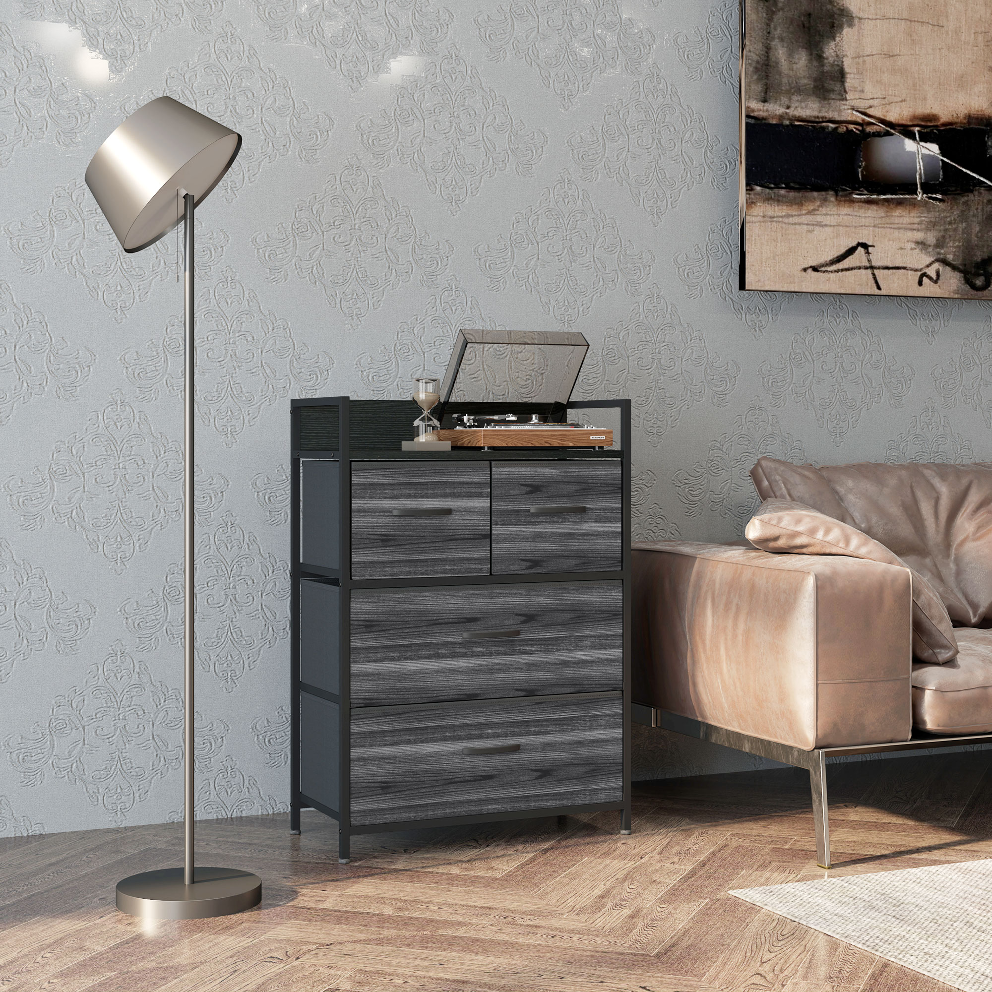 Kaappi, 4 kangaslaatikkoa, industrial-tyyli, musta, 60 x 29 x 85 cm - Image 2