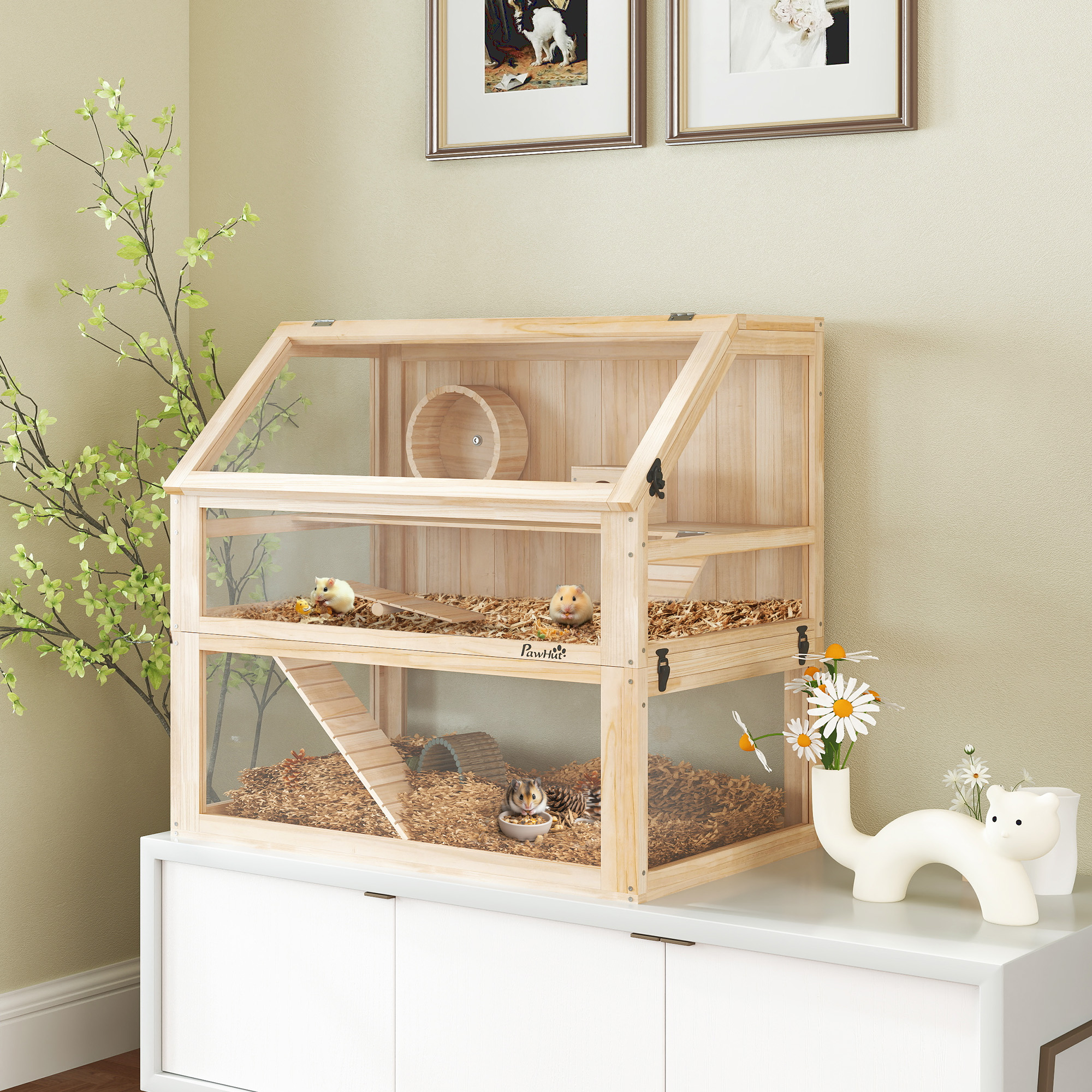 Puinen hamsterin häkki 3 tasolla, nagarium, juoksupyörällä, luonnonpuu, 80 x 50 x 76 cm - Image 2