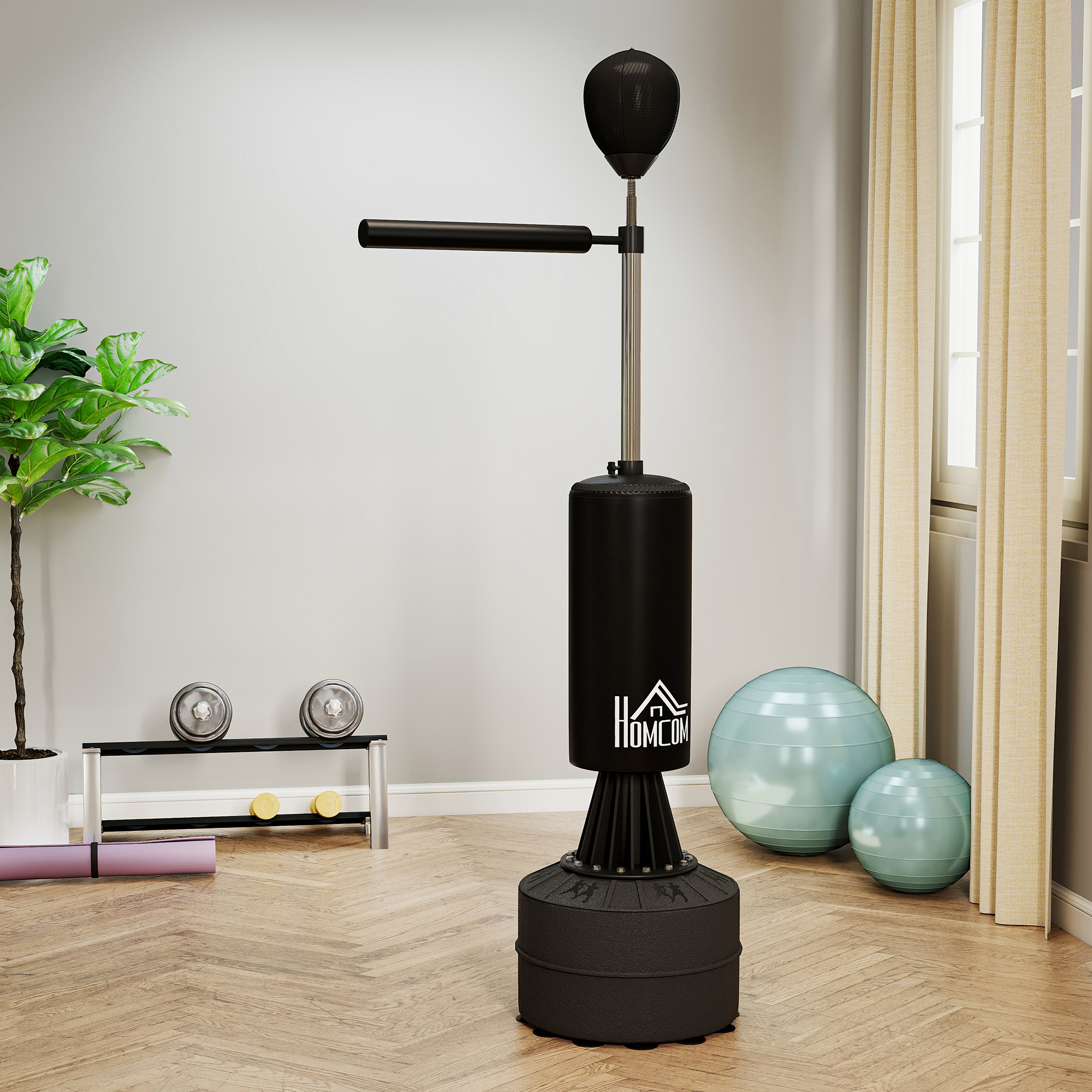Stovimas bokso maišas su speedball ir reakcijos strypu, reguliuojamas aukštis 155-205 cm, juodas - Image 9