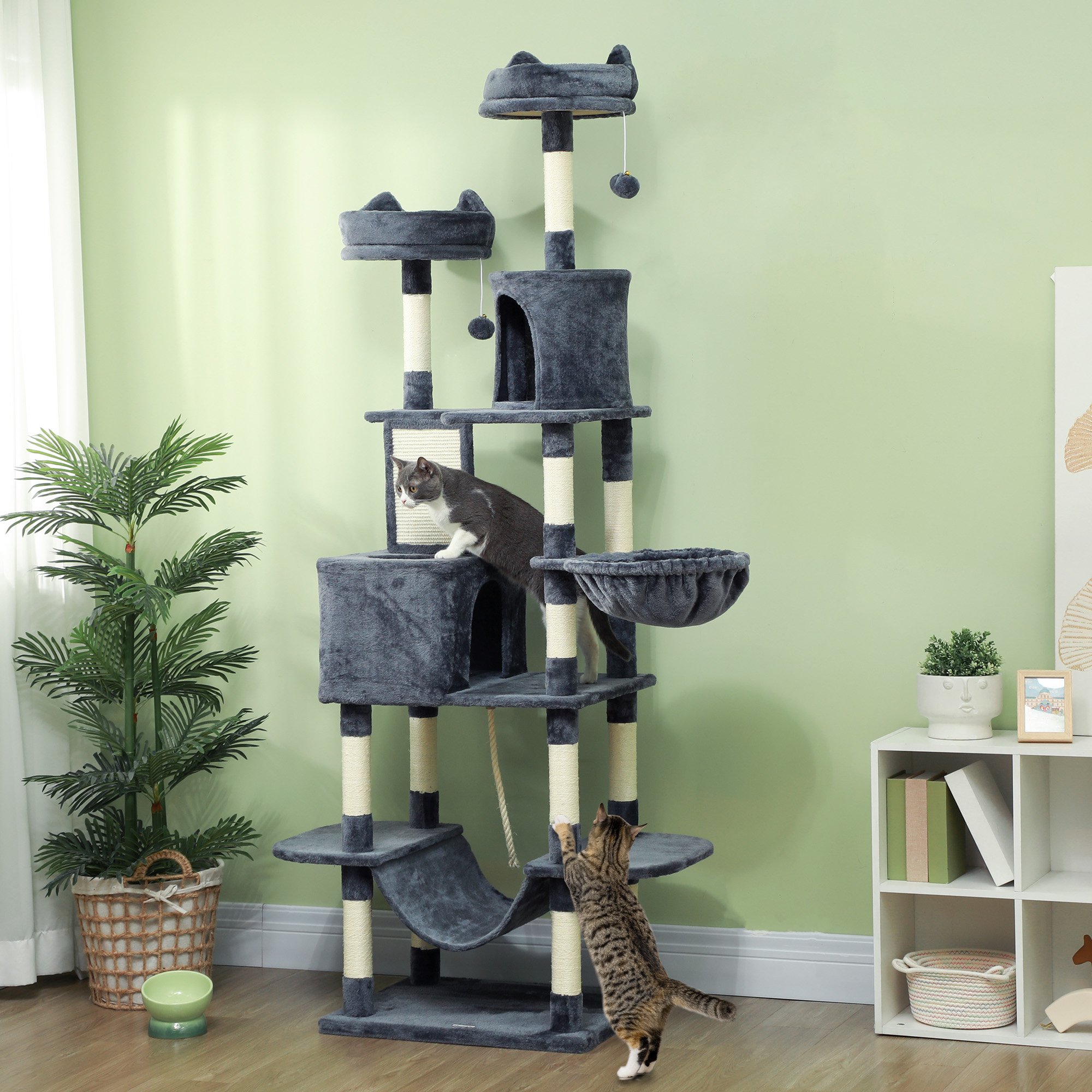 Kaķu skrāpējamais koks ar mājiņām un šūpuļtīkliem, 206 cm, tumši pelēks - Image 2