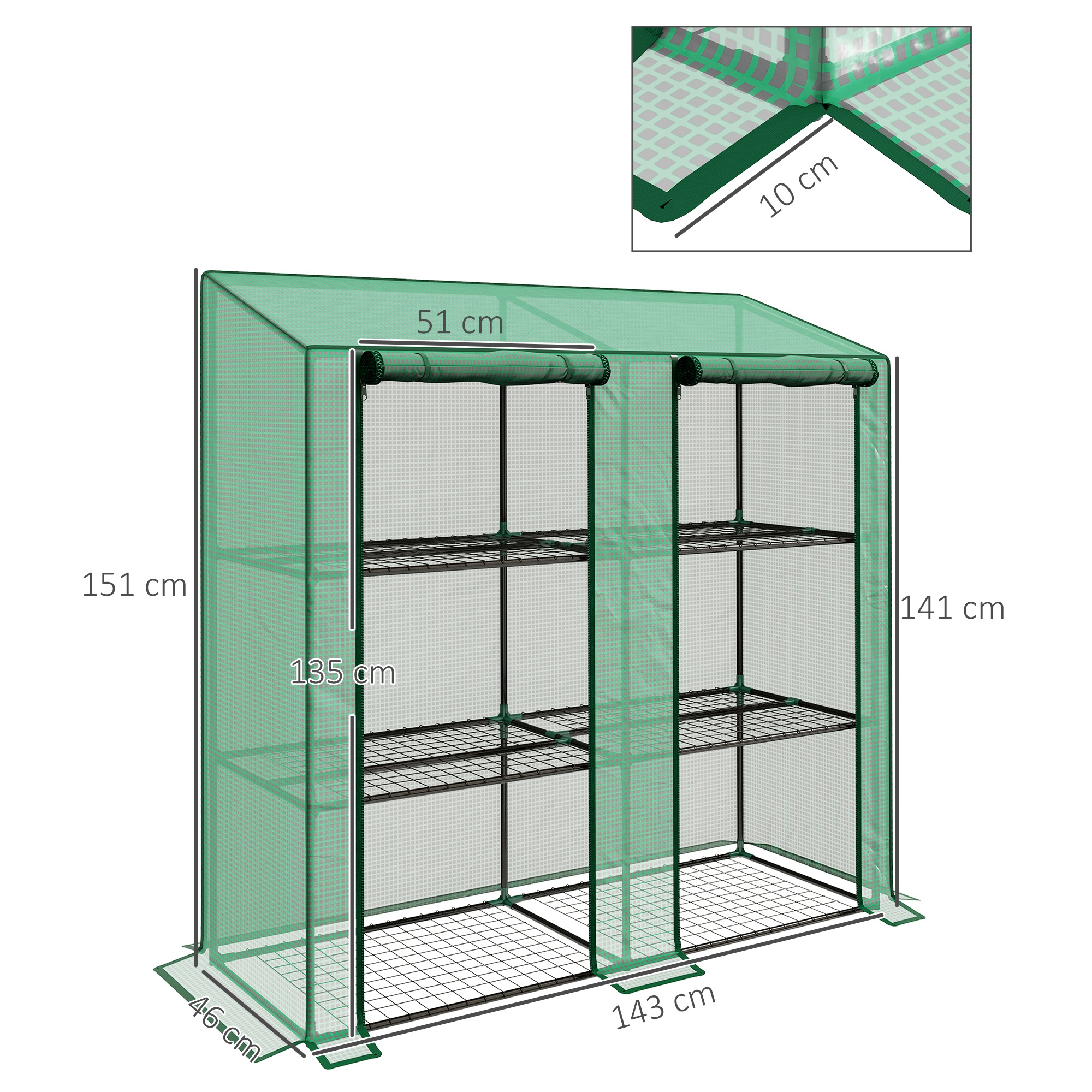 Minikasvihuone, 3 tasoa, 6 lankahyllyä, 2 aukkoa, muovipeite, vihreä - Image 3