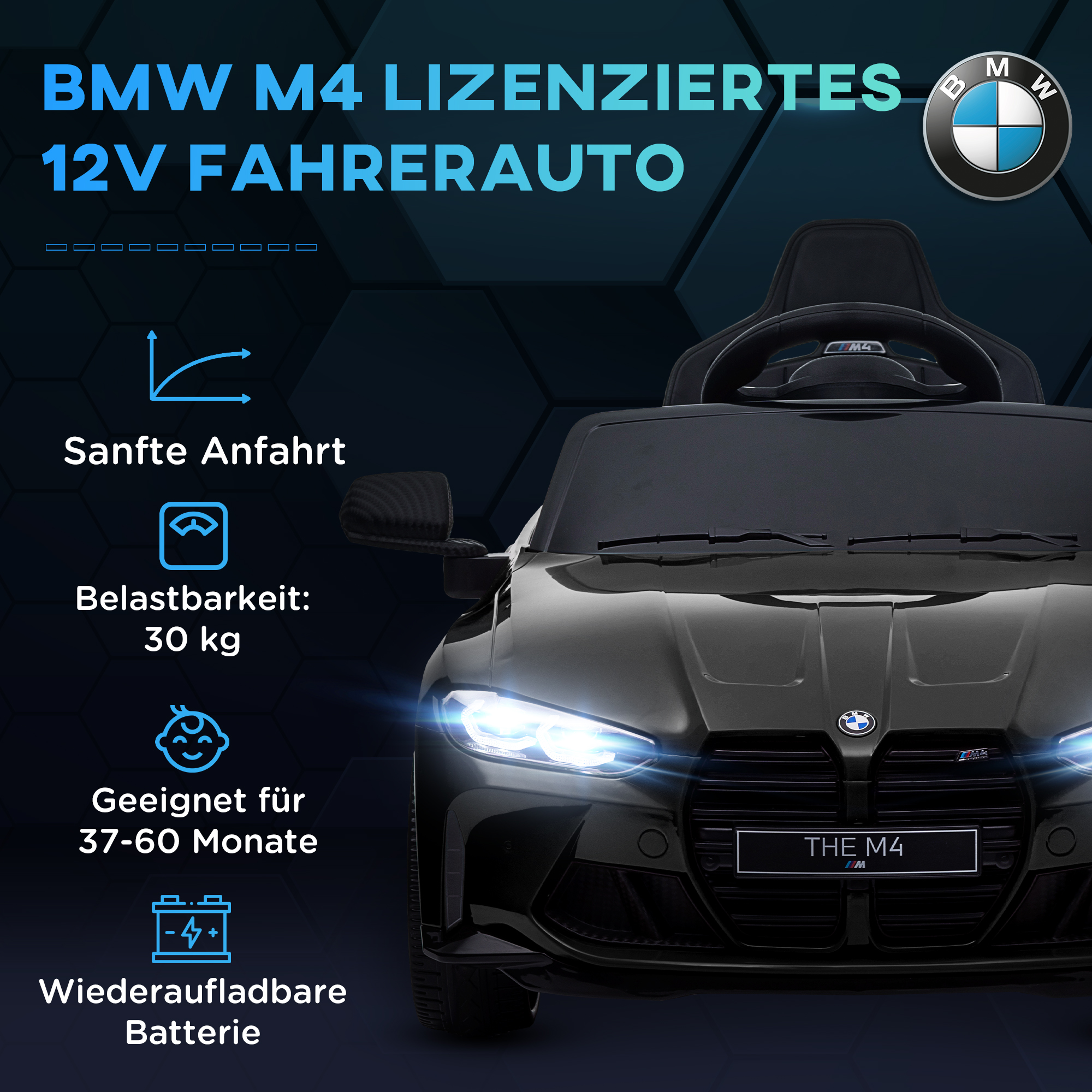 BMW M4 elektrinis vaikiškas automobilis, juodas, 108 x 69,5 x 51 cm - Image 4