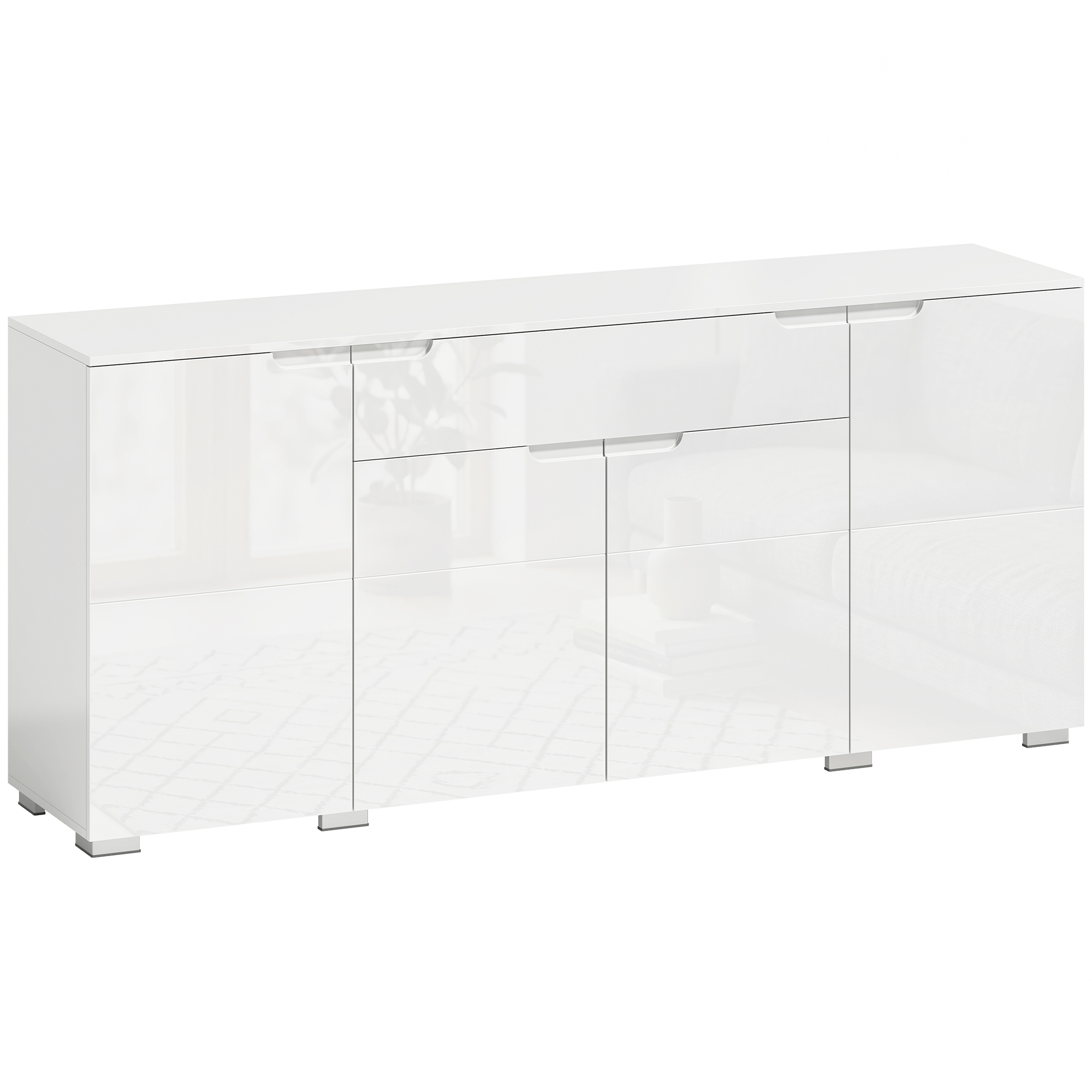 Hõbedavalge sideboard, moodne kummut 4 ukse, reguleeritavate riiulite ja soft-close funktsiooniga, 180 x 40 x 80 cm