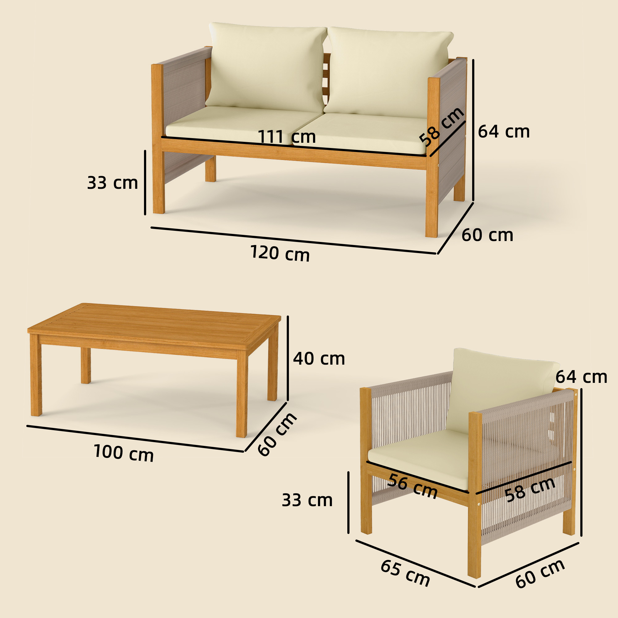 4-osainen puutarhakalusteryhmä, akaasiapuu, luonnonpuu ja beige - Image 3