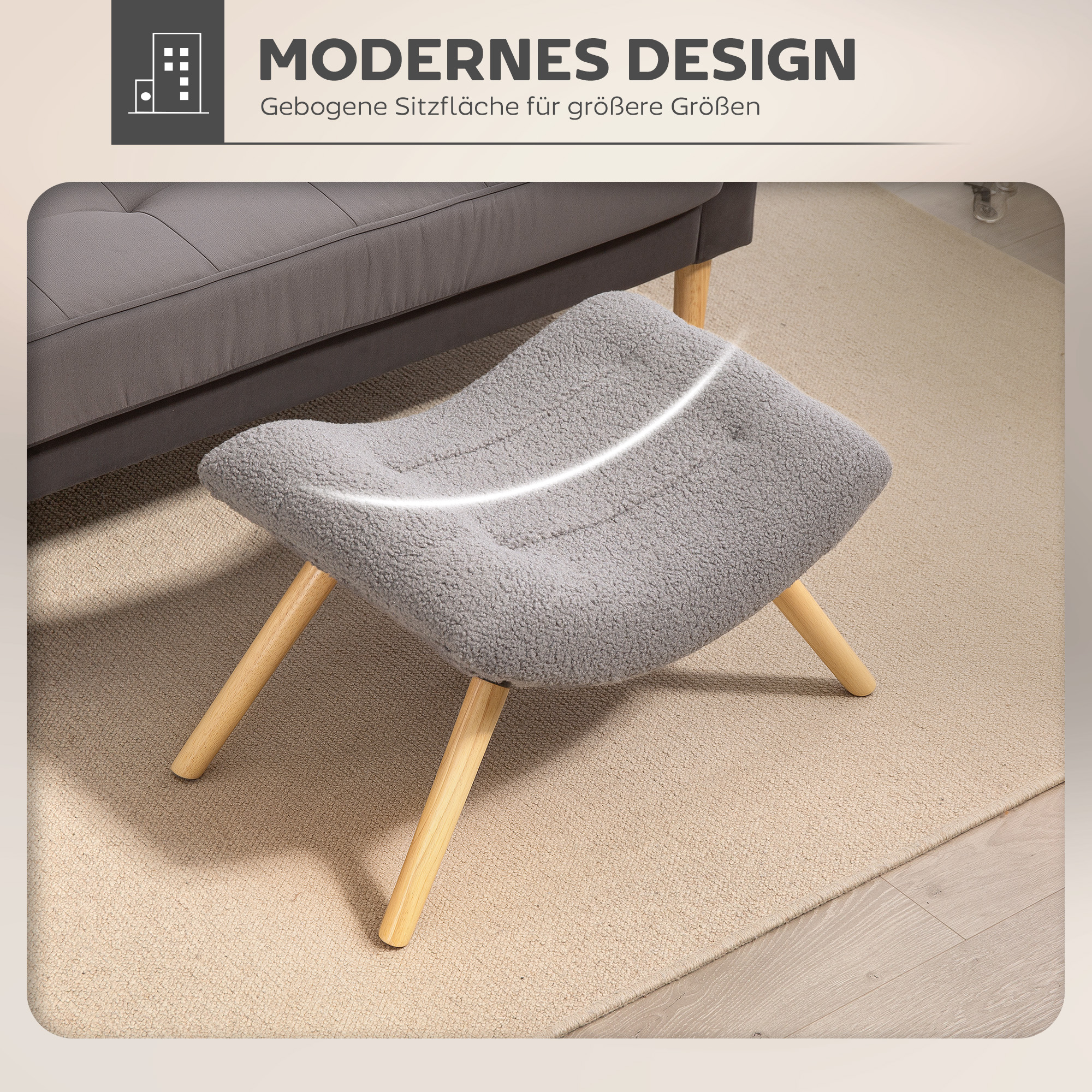 Moderni jalkarahi fleece-päällysteellä ja puujaloilla, vaaleanharmaa, 67 x 45 x 38 cm - Image 4