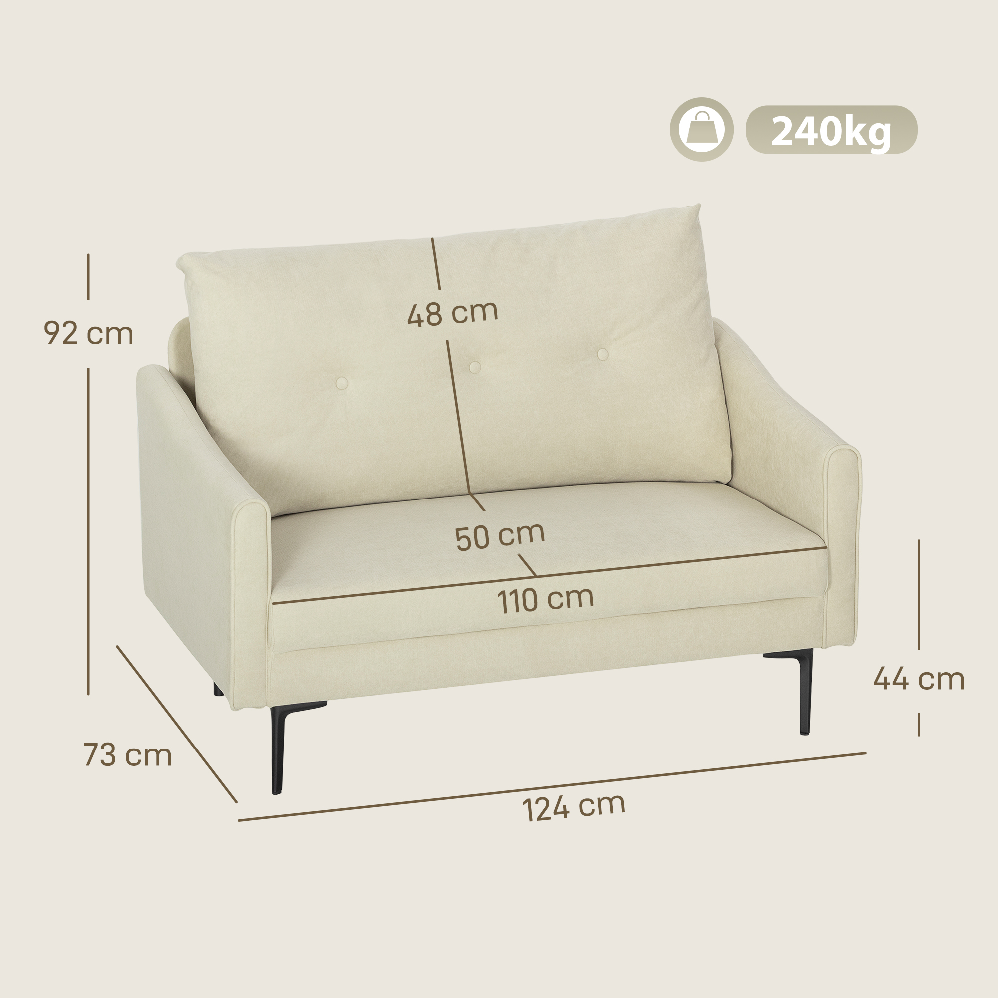 2 vietų sofa su putų paminkštinimu ir audinio apmušalu, kreminė balta, 124 x 73 x 92 cm - Image 3
