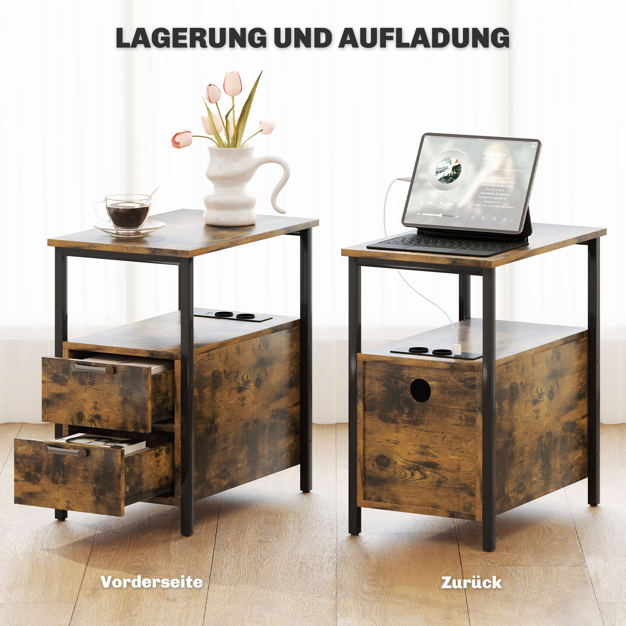 Šoninis staliukas su įkrovimo stotele, USB jungtimi, 2 stalčiais, rustikalinė ruda, 55 x 35 x 58,5 cm - Image 4