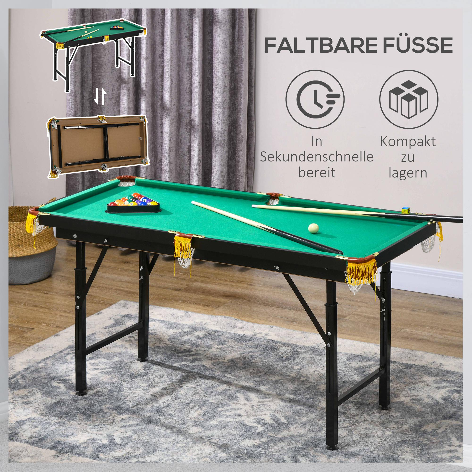 Salokāms biljarda galds ar regulējamu augstumu, zaļš, 140 x 63 x 55-75 cm, ar 2 nūjām un 16 bumbām - Image 5