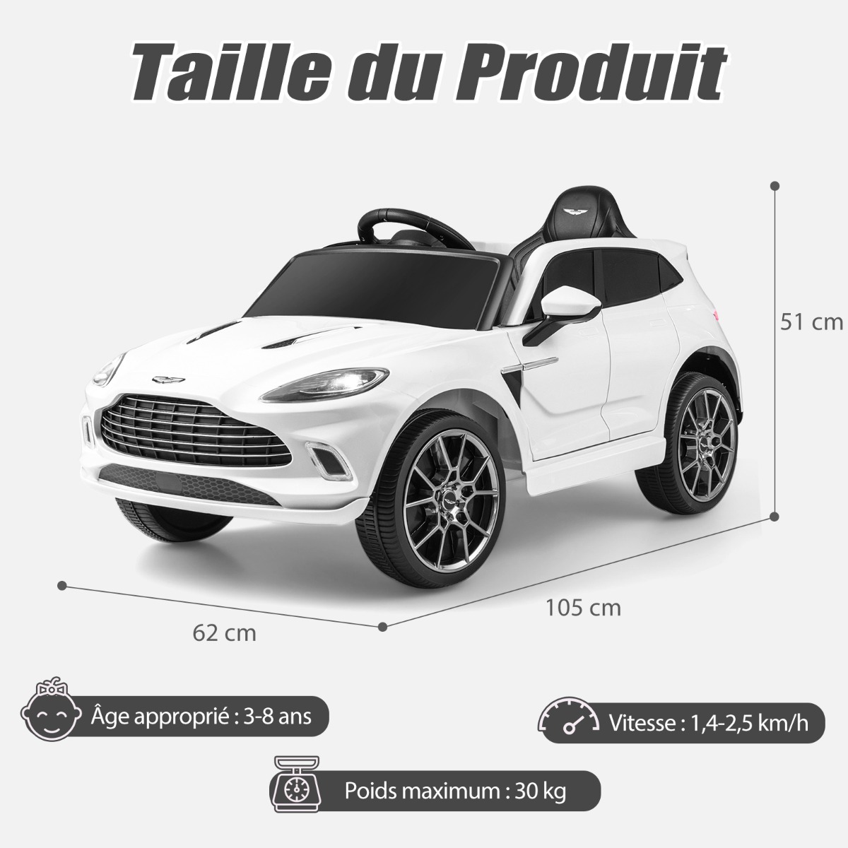 12V Aston Martin DBX lasteauto puldiga valge - Image 2