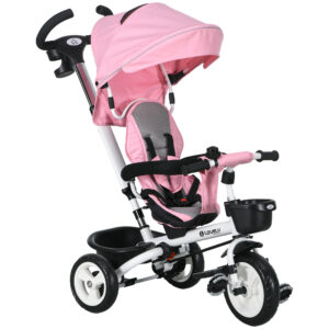 6-in-1 laste kolmerattaline lükatava käepideme, katuse, turvavöö ja korviga, alates 18 k, roosa