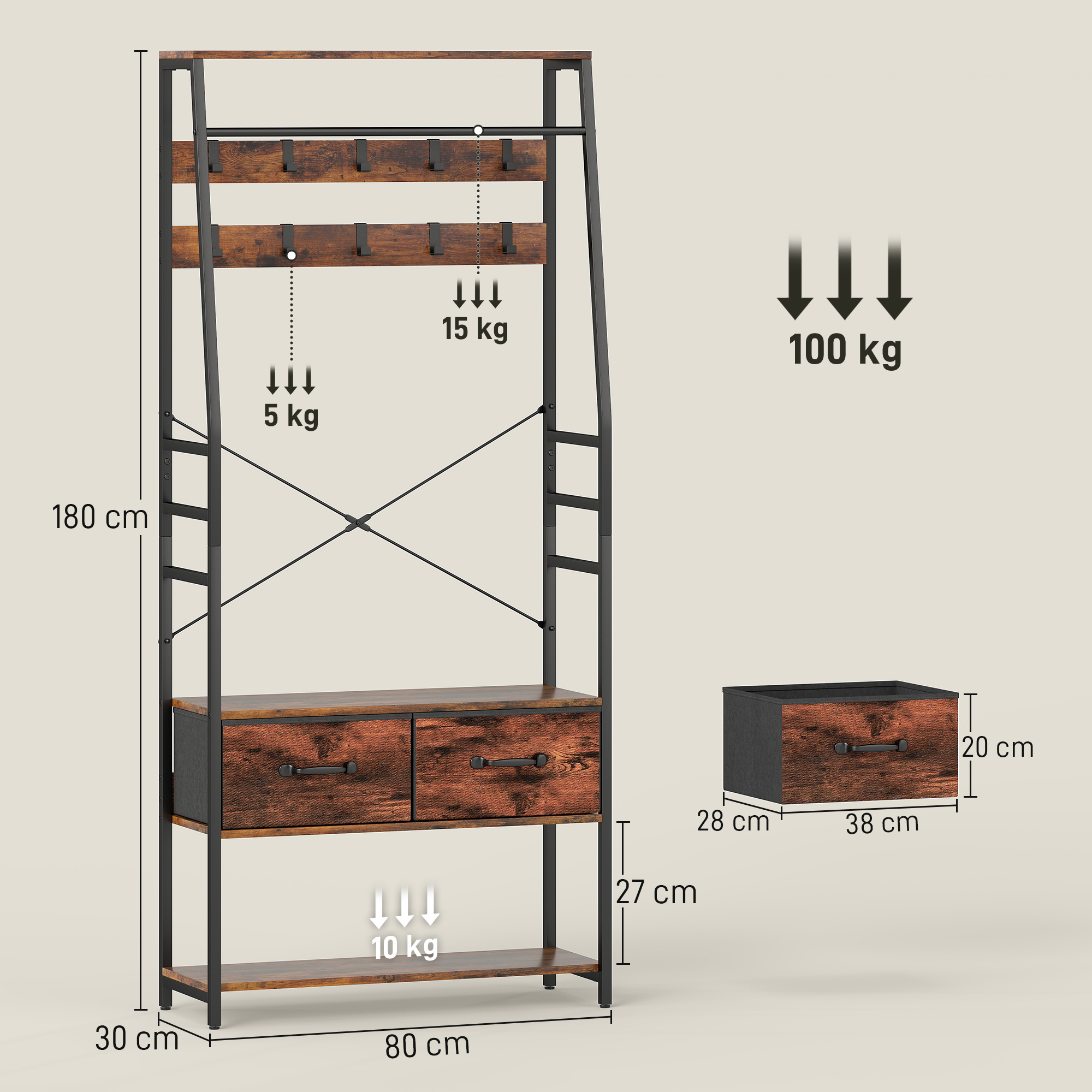 Eteisen naulakko kenkätelineellä ja penkillä, 10 koukkua, 2 kangaslaatikkoa, 80 x 30 x 180 cm, ruskea - Image 3