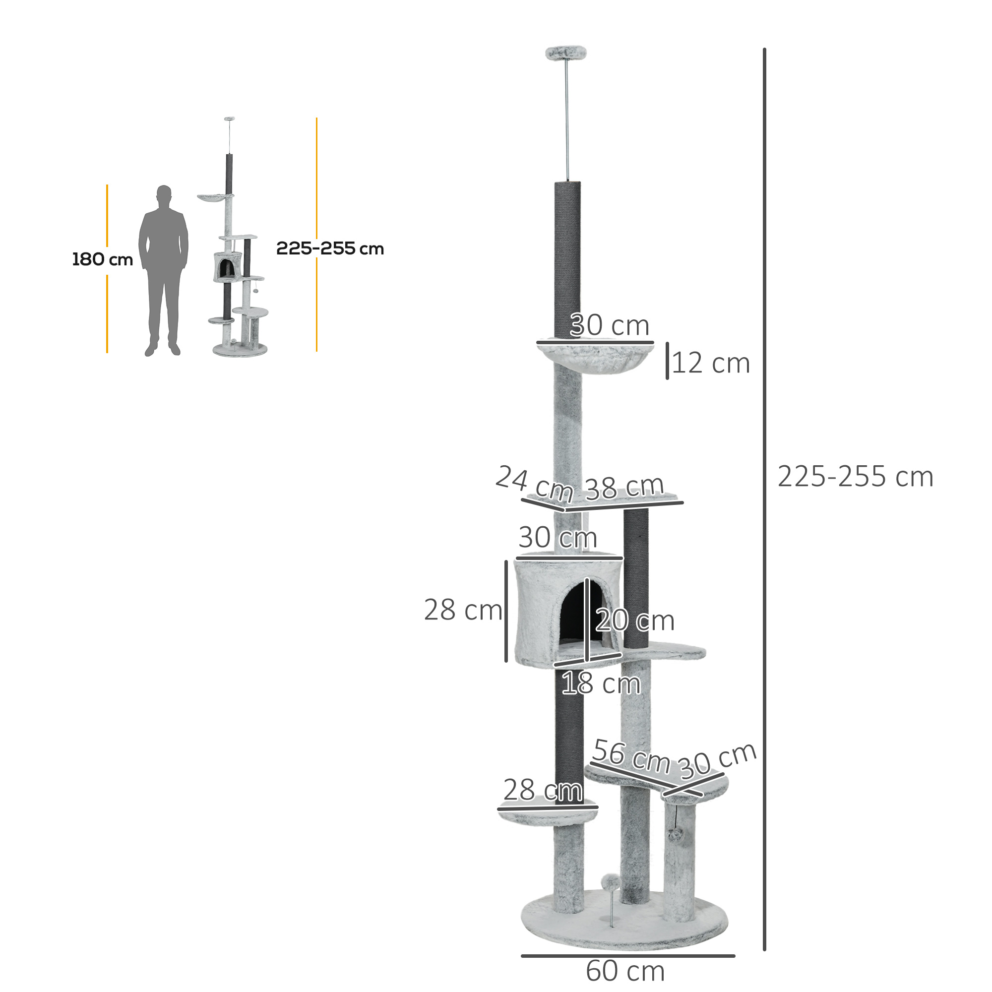 Kissan kiipeilypuu kattokiristimellä, pesä, maja, tasot ja leikkipallo, harmaa, 225-255 cm - Image 3