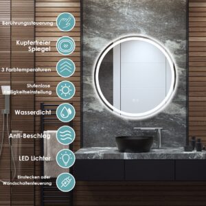 LED apšviestas apvalios vonios veidrodis 60 cm