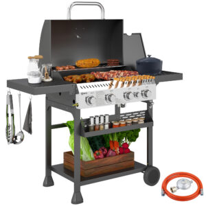 Gaasigrill, BBQ grill, 4 põhipõletit, 1 külgpõleti, 1 soojendusplaat, 135 x 55 x 103 cm, must