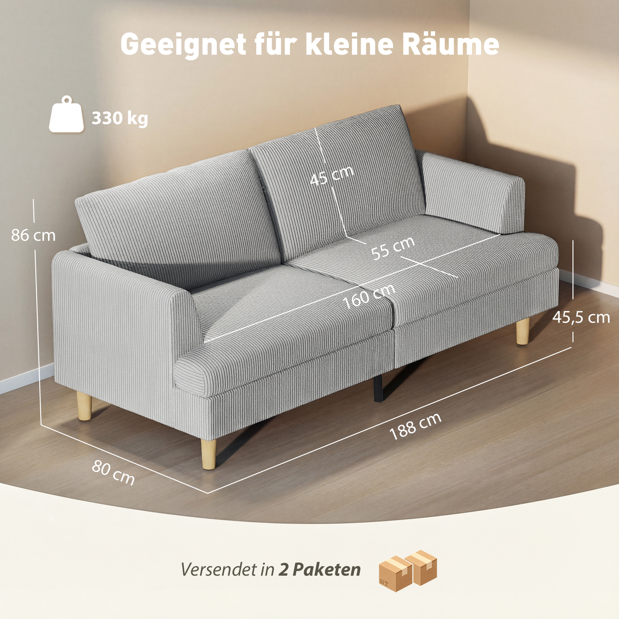 3 vietų sofa su porankiais, šviesiai pilka, 188 x 80 x 86 cm - Image 3