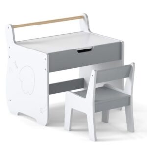 Puidust laste tegevuslaud ja tool komplekt, 62 × 47 × 59 cm, helehall