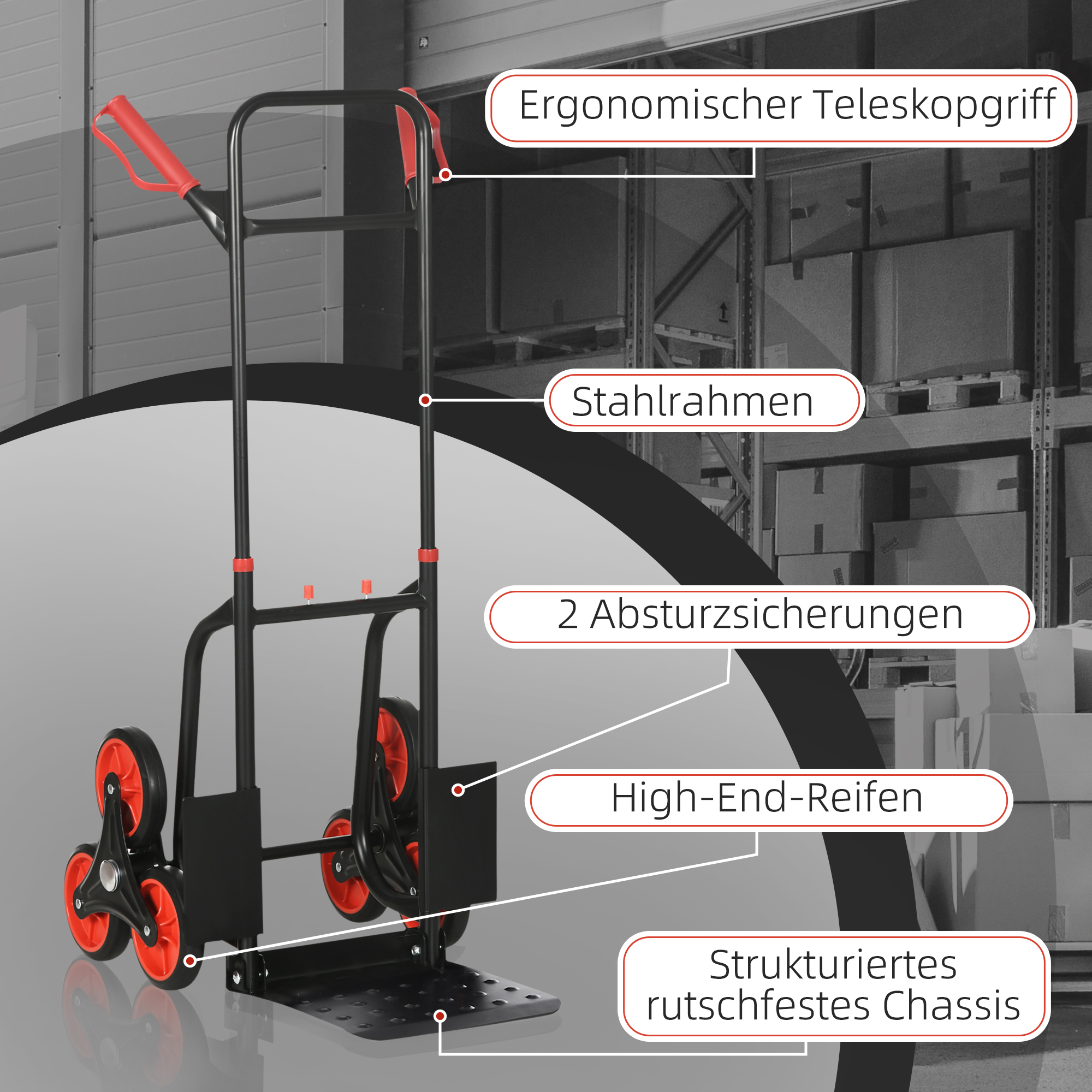Salokāma kāpņu rokas ratiņi, tērauda rāmis, melna un sarkana, 120 kg - Image 6