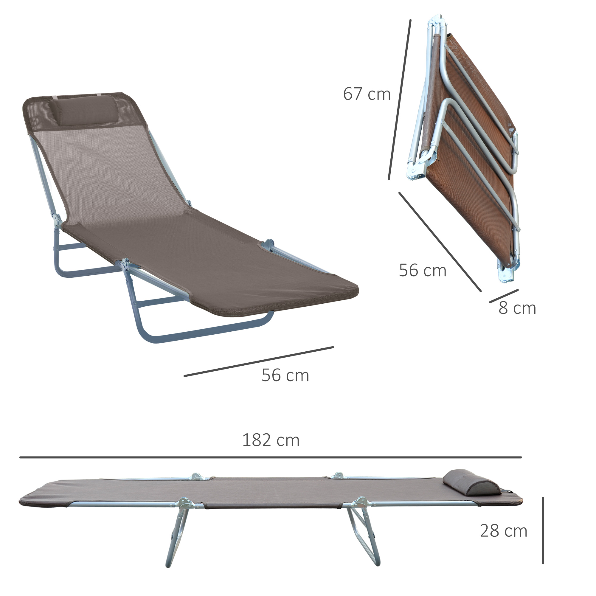 Kokoontaitettava aurinkotuoli, ruskea, 182 x 56 x 28 cm, enintään 120 kg - Image 3