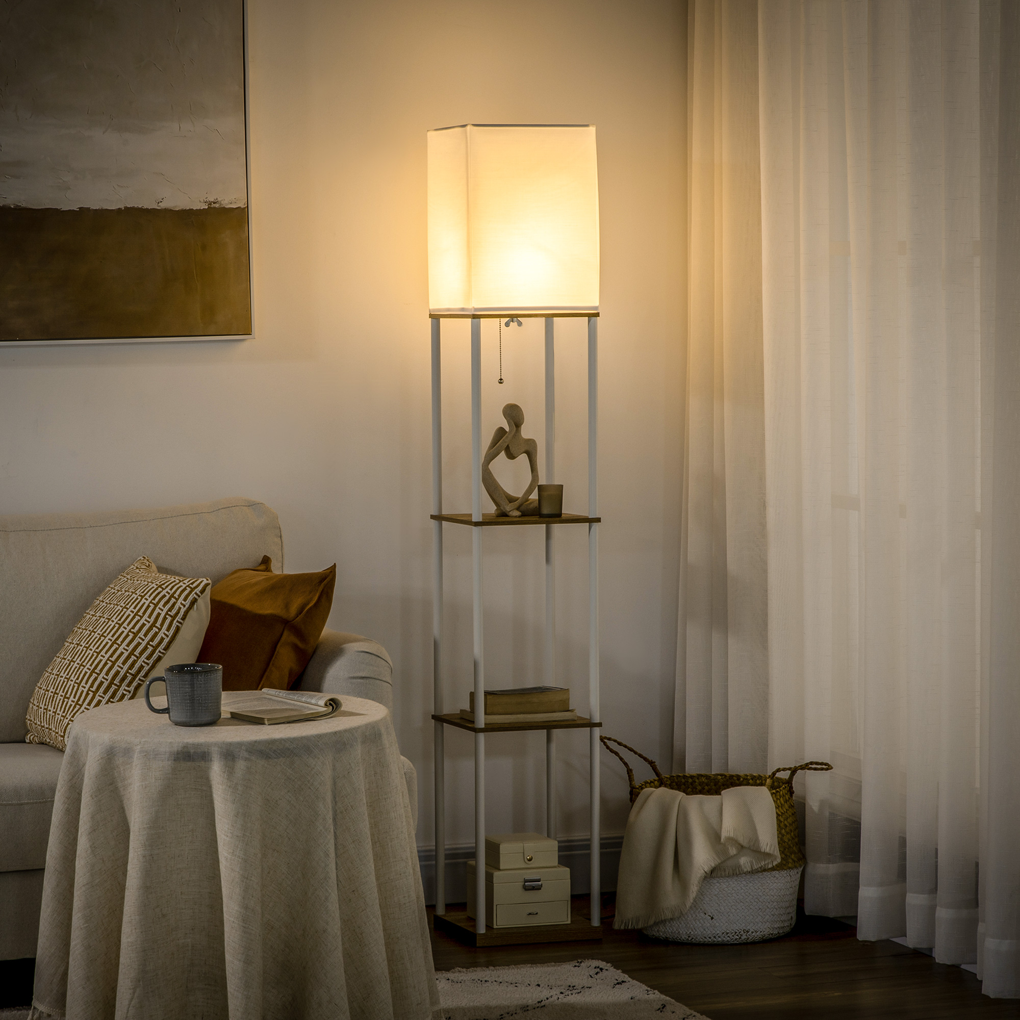 Stāvlampa ar plauktiem, balta un brūna, 26 x 26 x 159 cm - Image 2