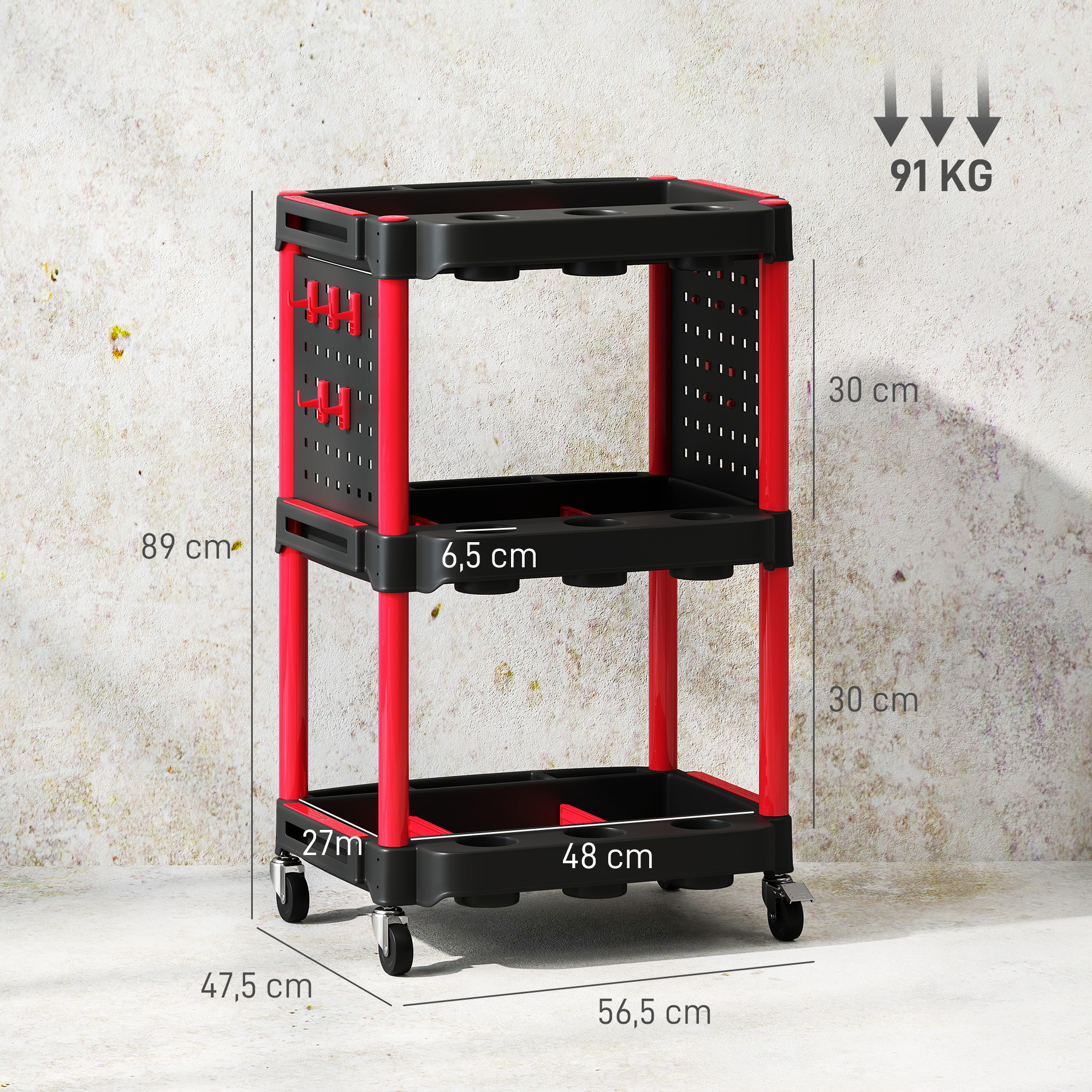 Instrumentu ratiņi, 3 plaukti, 4 ritentiņi, plastmasa, 10 āķi, melns, sarkans, 56,5 x 47,5 x 89 cm - Image 3