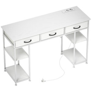 Rašomasis stalas su įkrovimo stotele, 2 USB jungtys, 2 lizdai, reguliuojamos lentynos, 3 audinio stalčiai, 120 x 40 x 76 cm, baltas