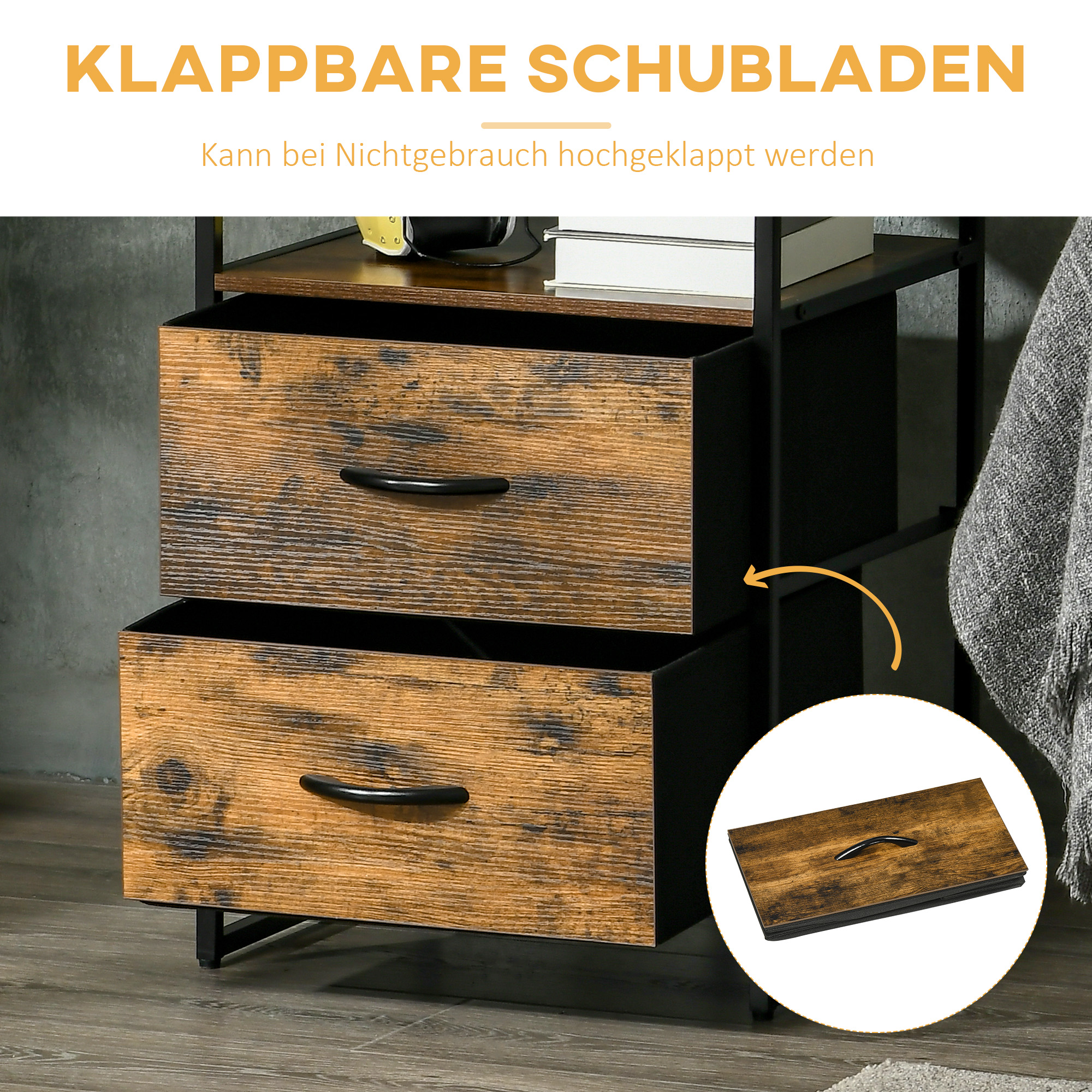 Olohuoneen kaappi, sivukaappi kangaslaatikoilla, MDF, teräsrunko, ruskea, 45 x 40 x 70,5 cm - Image 5