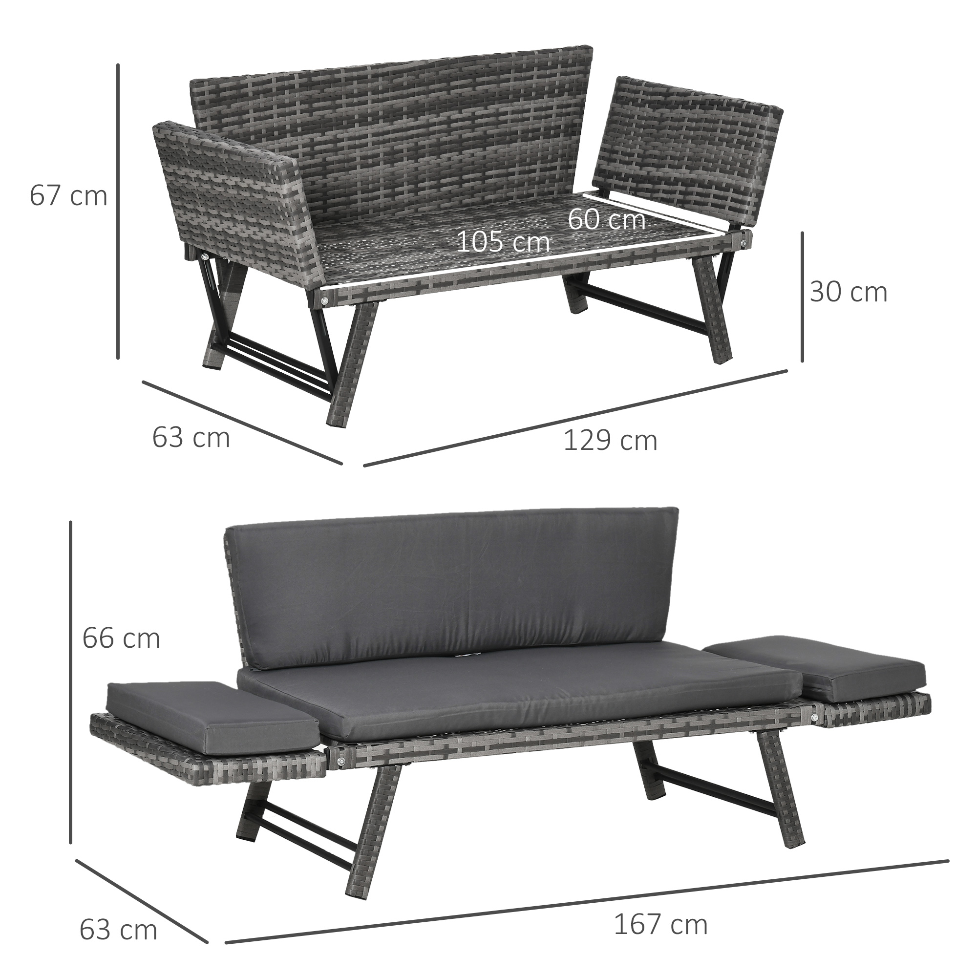 2 vietų sodo sofa iš poliratano, pilka, 129 x 63 x 67 cm - Image 3