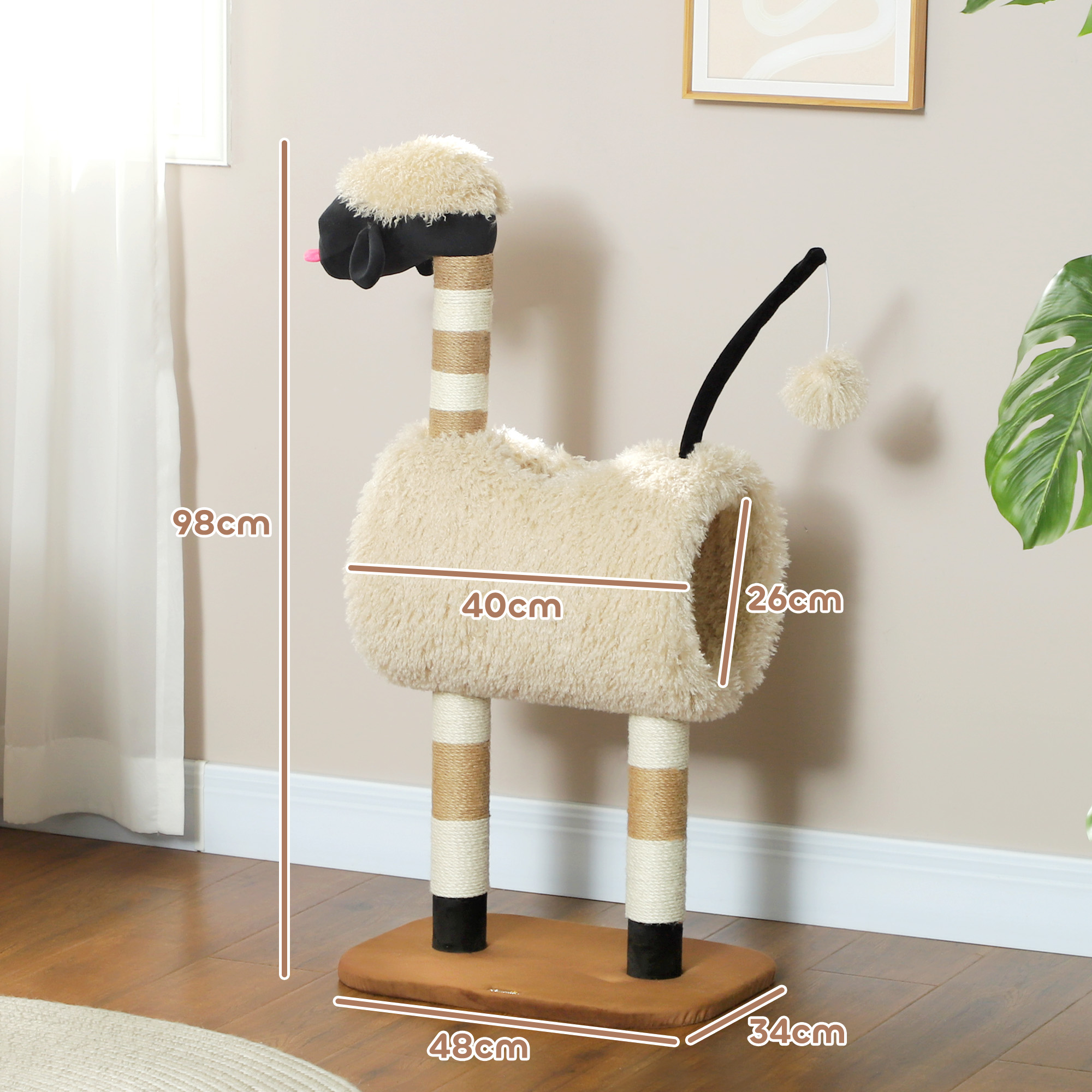 Kačių draskyklė avies dizaino, su draskymo stulpeliais, tuneliu ir žaislu, 98 cm, šviesiai ruda - Image 3