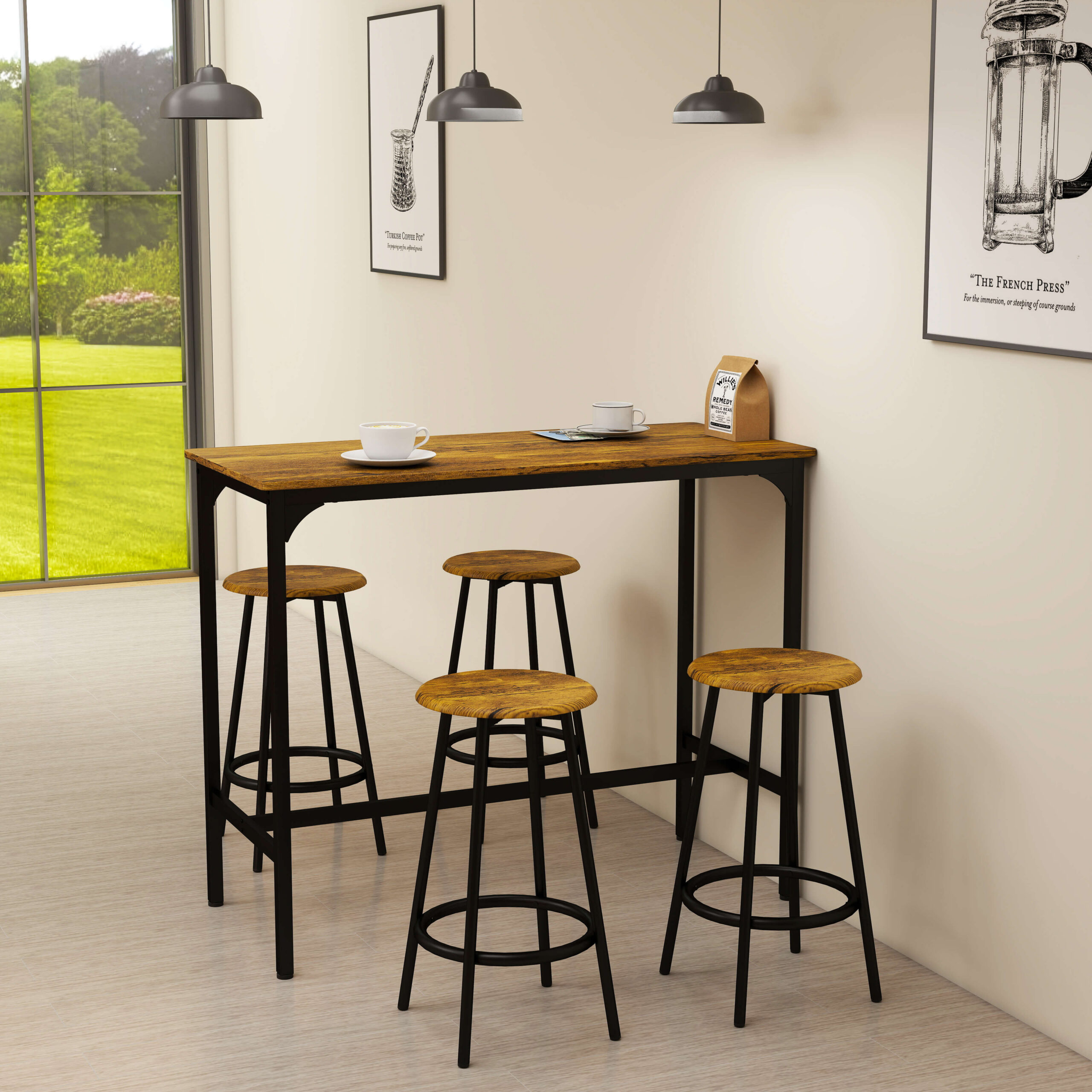 5 daļu bāra galda komplekts, industriāls dizains, rustic brown, 110 x 50 x 89,5 cm - Image 2
