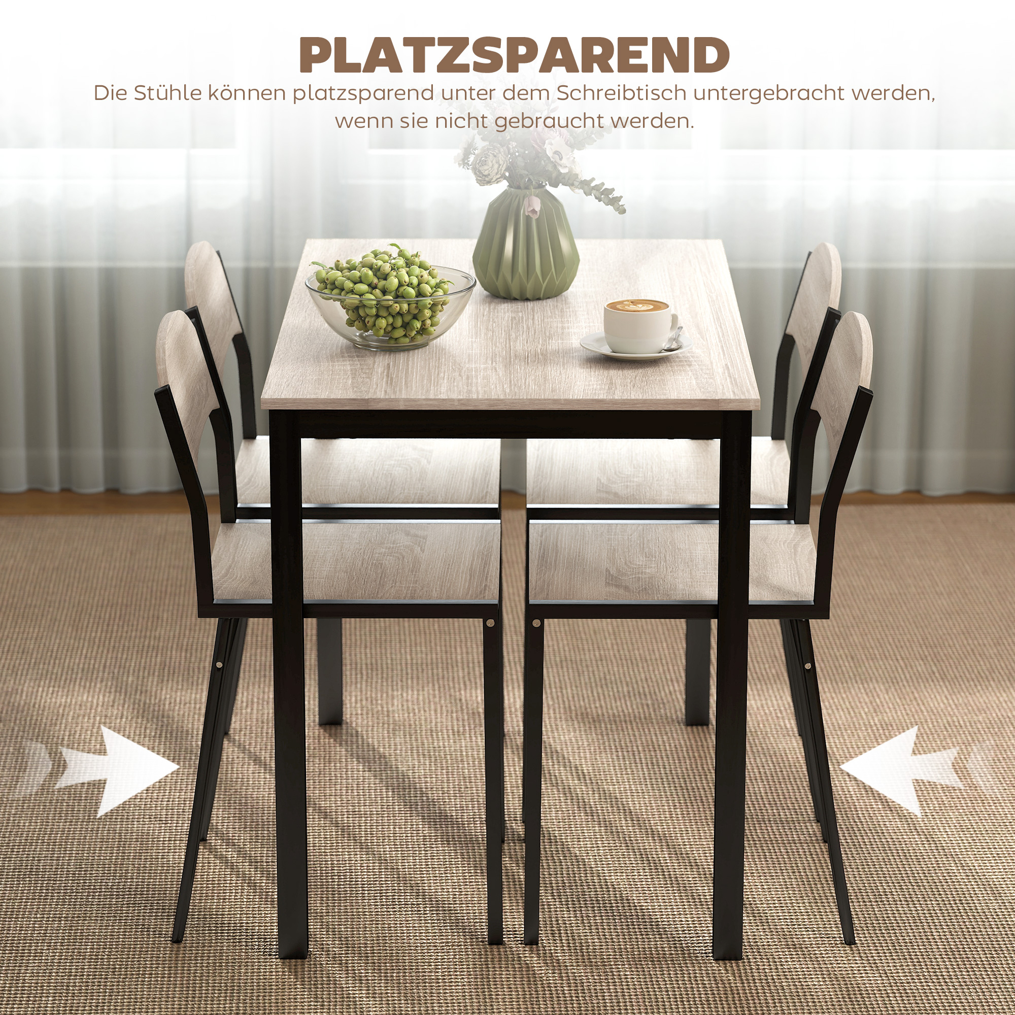 5 dalių valgomojo komplektas, valgomojo stalas su 4 kėdėmis, ąžuolo spalvos, MDF, metalas - Image 4