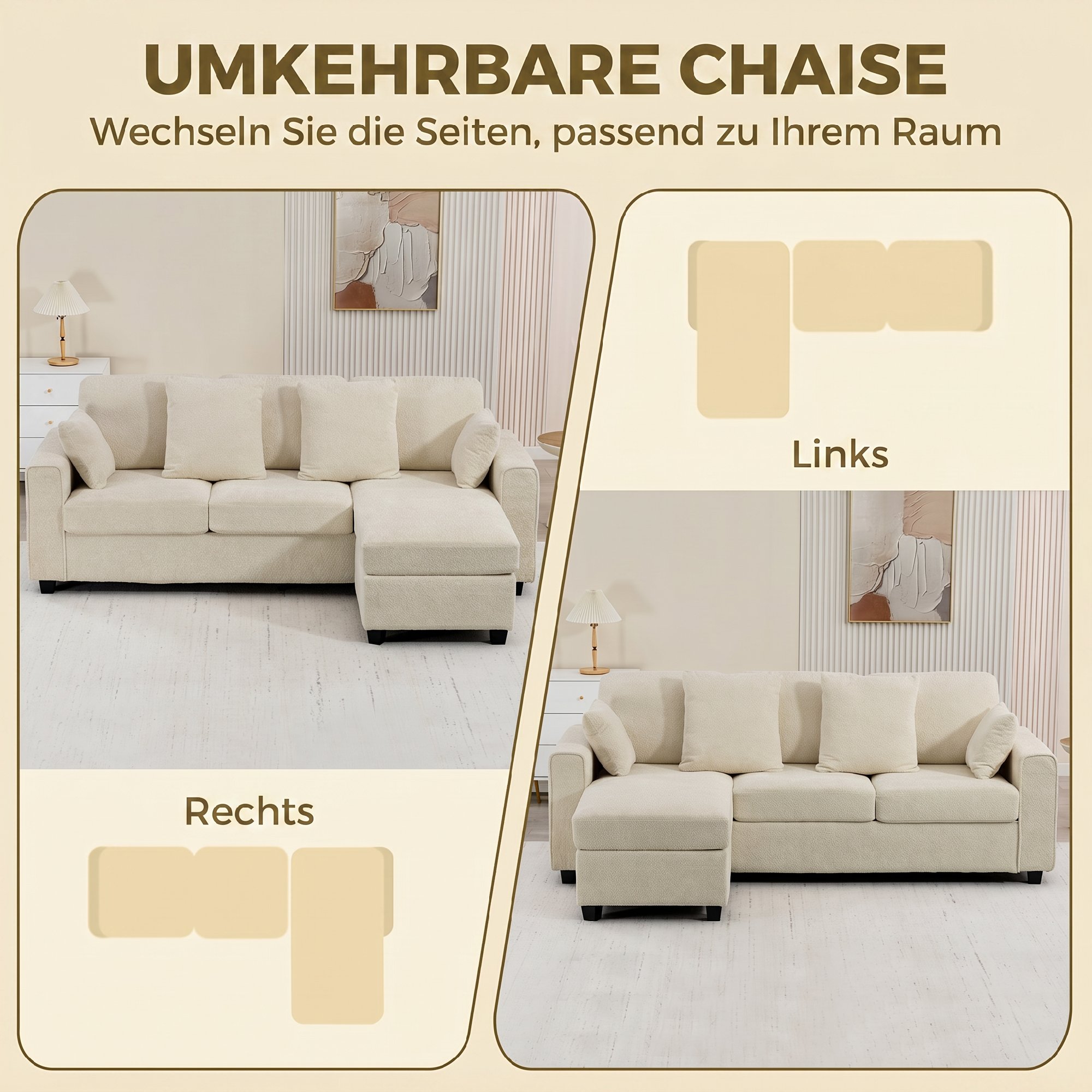 Kampinė sofa su reversine šezlongo dalimi, 3 vietų, aksomo išvaizdos, smėlio spalvos, 235,5 x 145 x 88 cm - Image 4