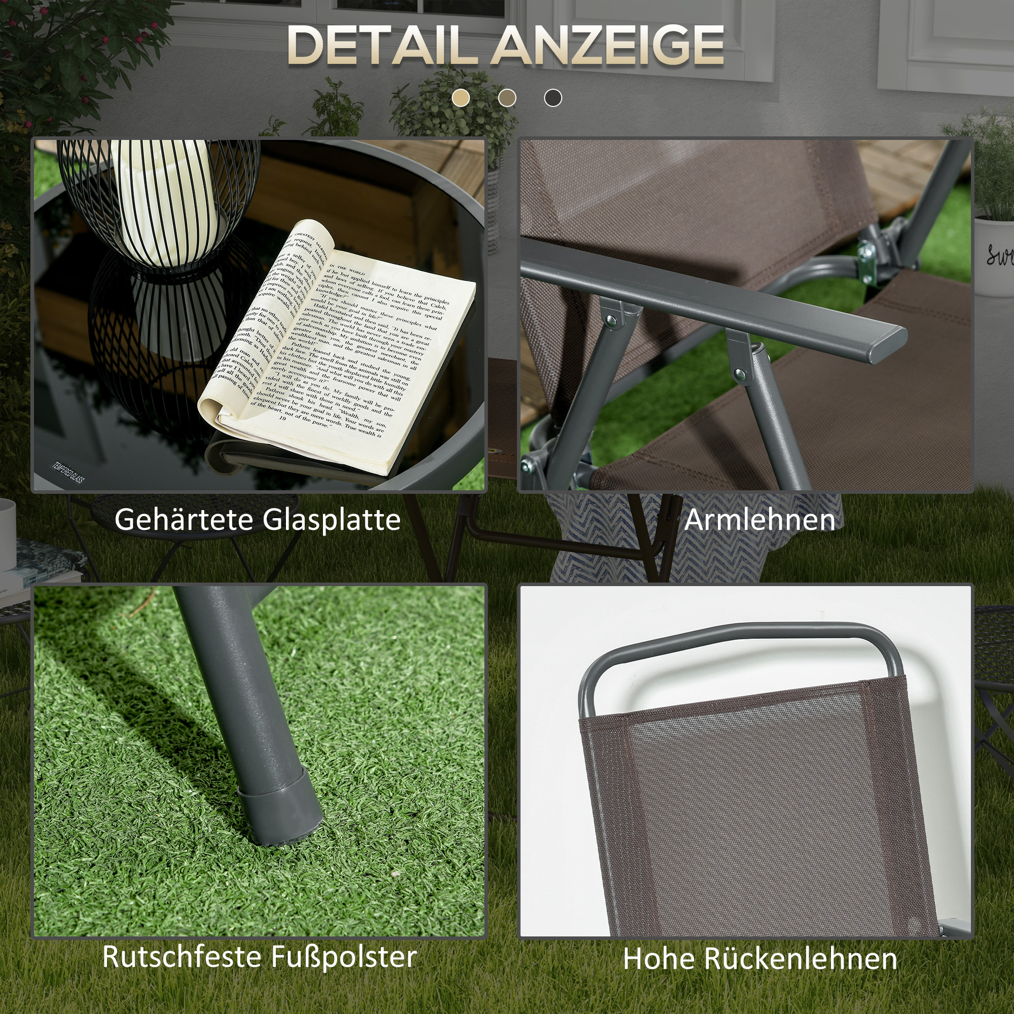 3 dalių bistro komplektas, metalas, rudas, sulankstomas stalas su stiklo stalviršiu - Image 7