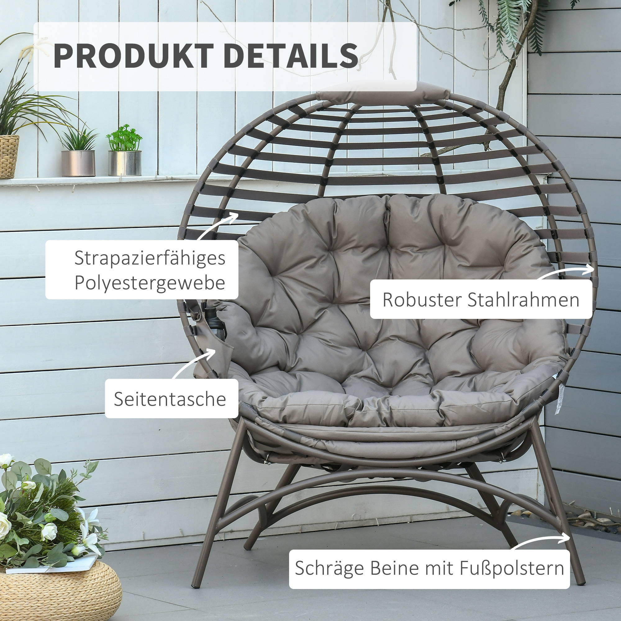 Papasan-tuoli puutarhaan, hiekanruskea, teräs, 118 x 75 x 139 cm - Image 4