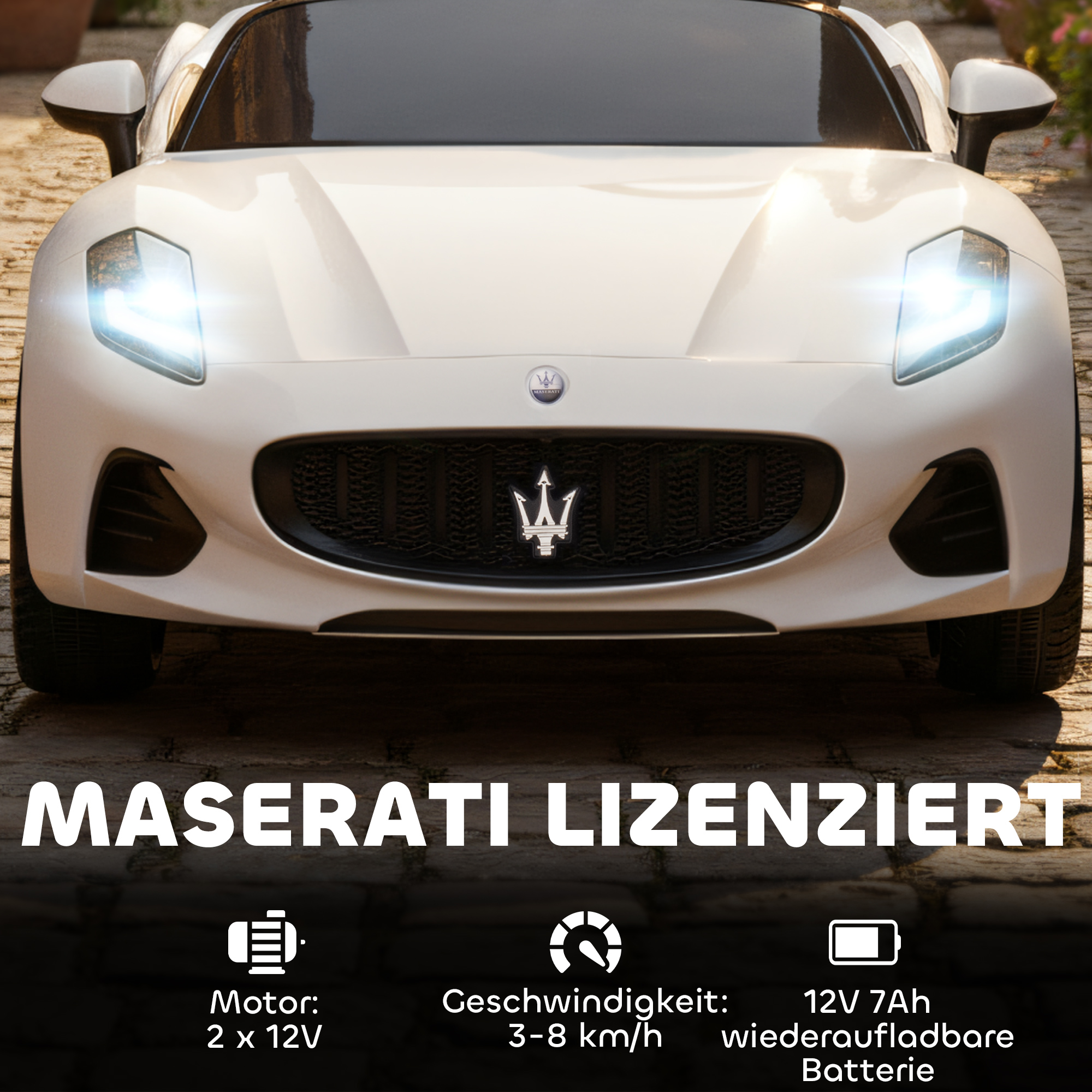 Maserati elektrinis vaikiškas automobilis, 2 vietų, 12V, baltas, 120 x 72 x 50 cm - Image 4